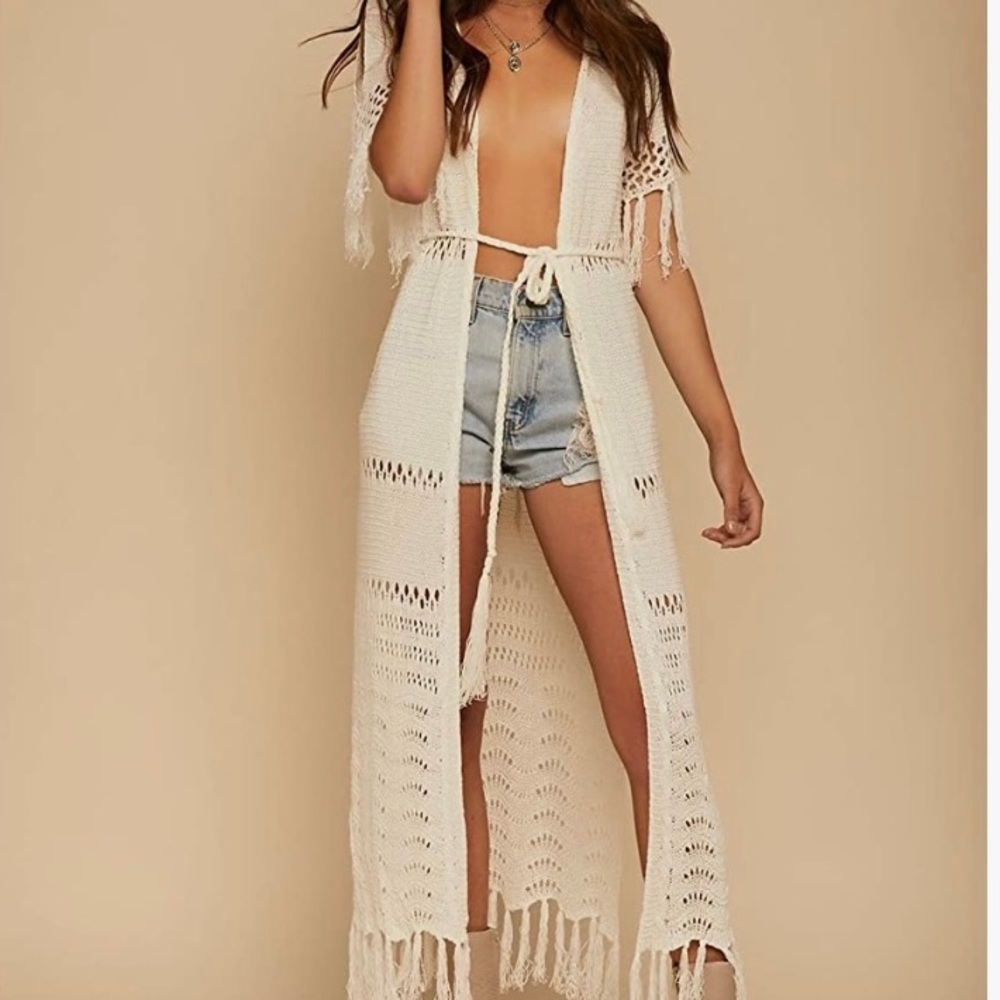 Beige Crochet Long Cardigan Beach Cover Up